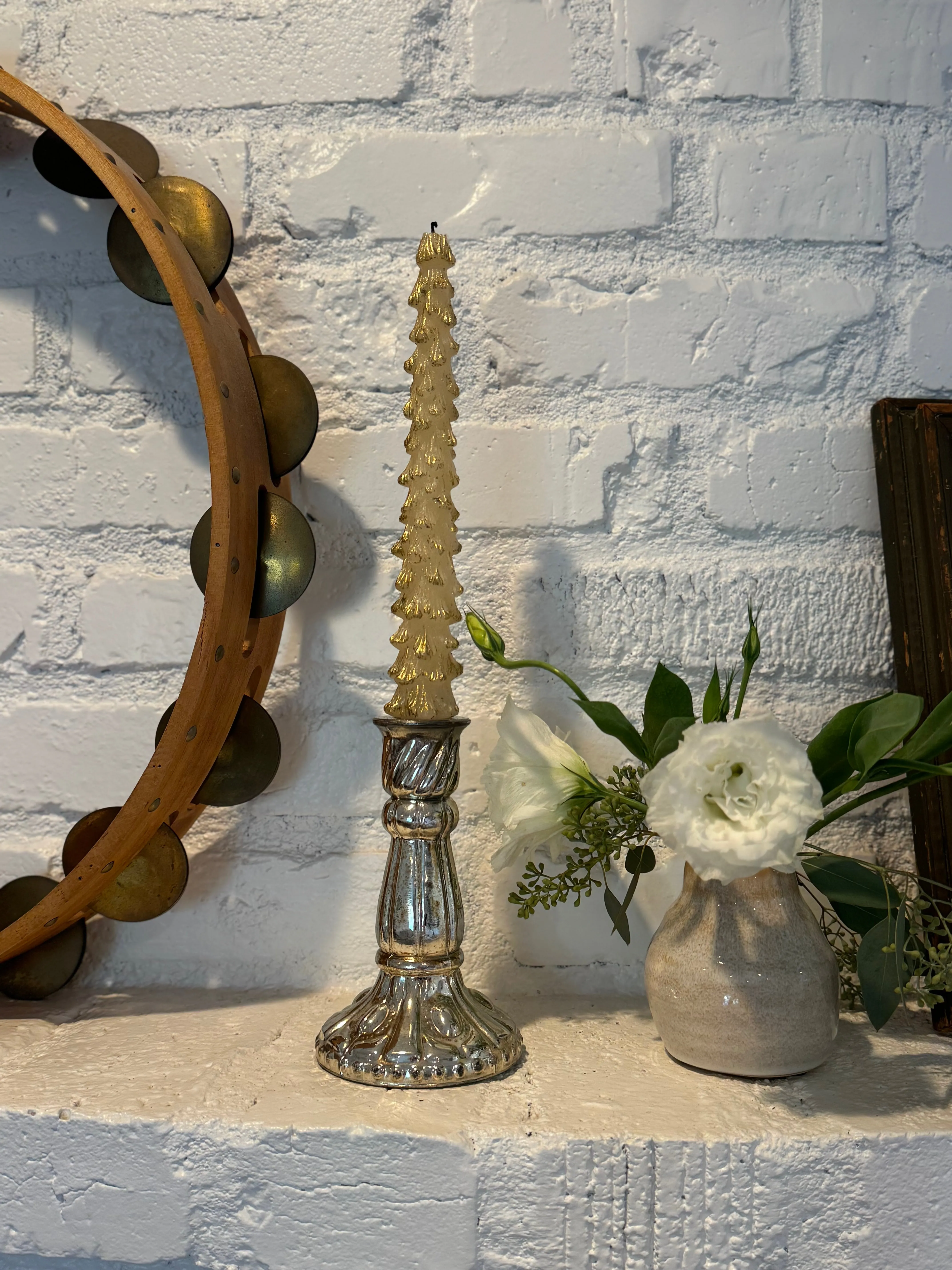 10" Gold Tipped Tree Shaped Taper Candles - Eggnog Set/2