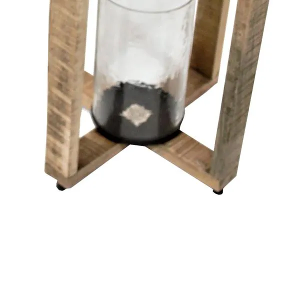 Benzara 2 Piece Cross Frame Wooden Lantern Set with Glass Hurricane, Brown