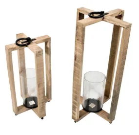 Benzara 2 Piece Cross Frame Wooden Lantern Set with Glass Hurricane, Brown