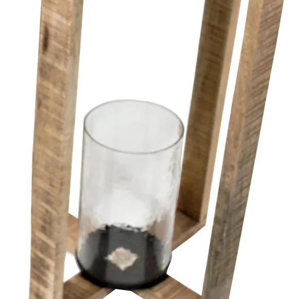 Benzara 2 Piece Cross Frame Wooden Lantern Set with Glass Hurricane, Brown