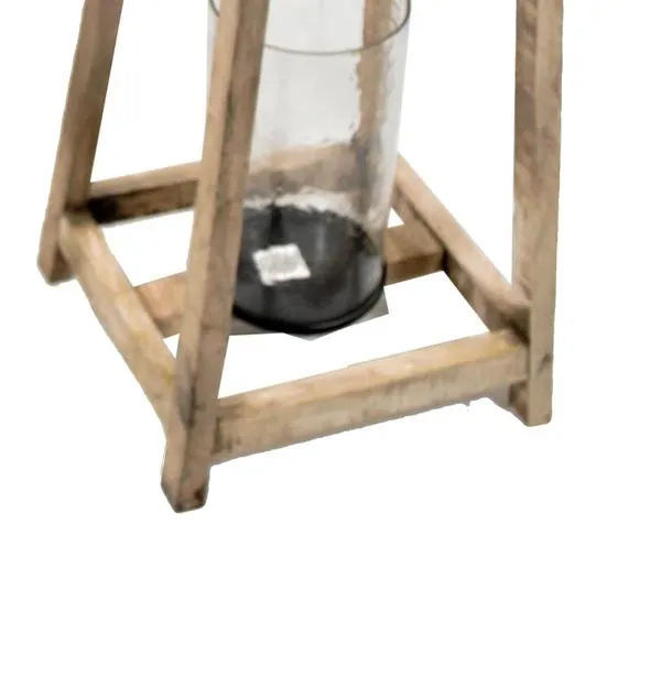 Benzara 2 Piece Flared Wood and Metal Lantern Set with Glass Hurricane, Brown