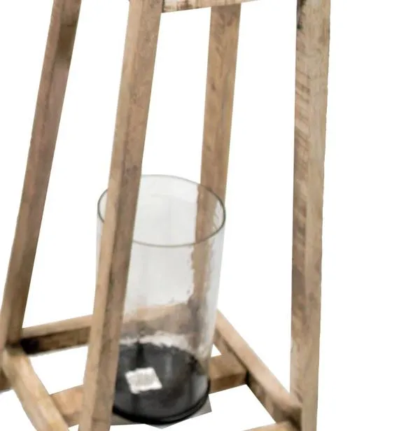 Benzara 2 Piece Flared Wood and Metal Lantern Set with Glass Hurricane, Brown