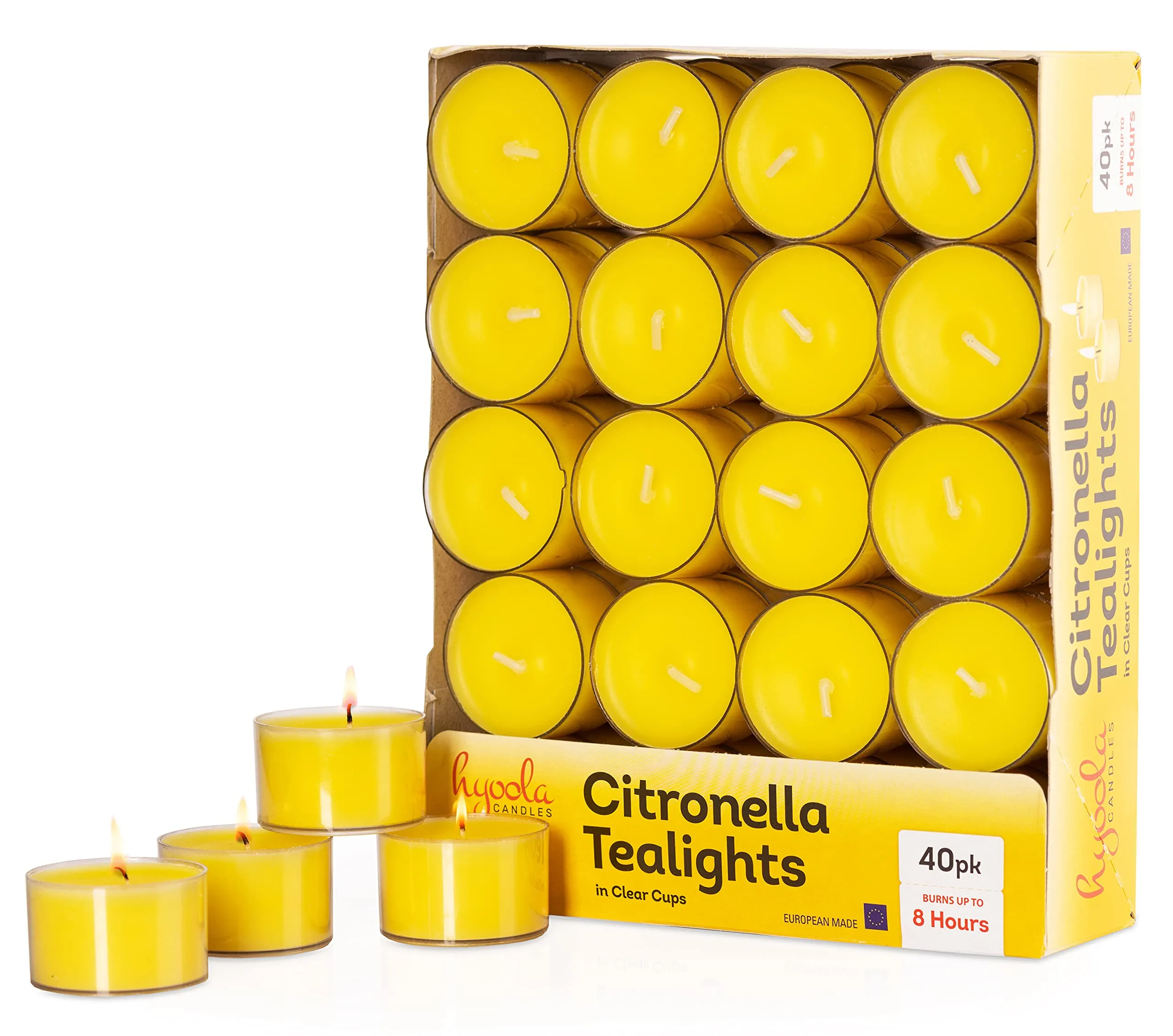 Hyoola Tealight Citronella Candles Outdoor - 8 Hour Burn Time - Indoor and Outdoor Mosquito, Insect and Bug Repellent Citronella Candle - Natural Fresh Scent ‚ Decorative in Clear Cup - 40 Pack
