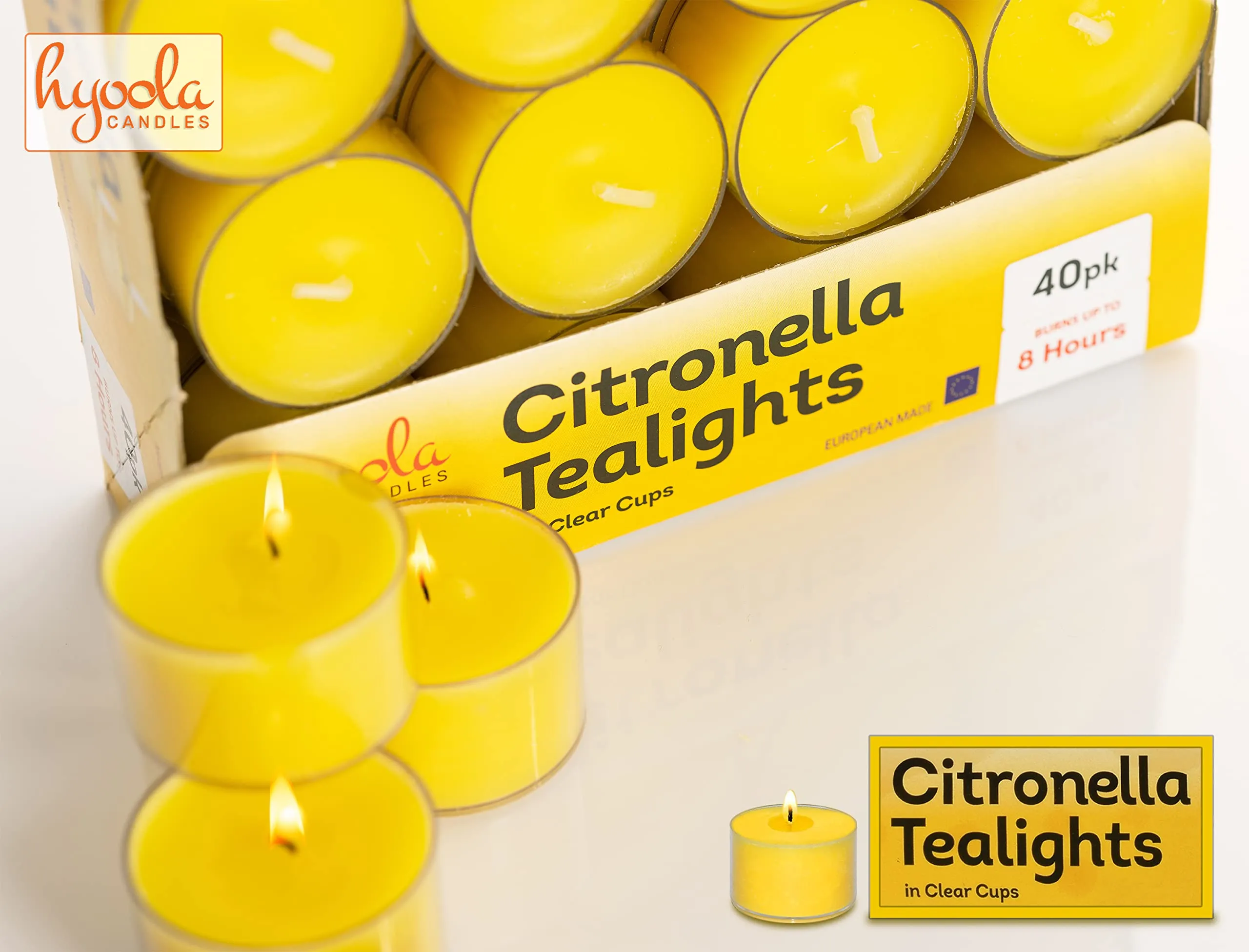 Hyoola Tealight Citronella Candles Outdoor - 8 Hour Burn Time - Indoor and Outdoor Mosquito, Insect and Bug Repellent Citronella Candle - Natural Fresh Scent ‚ Decorative in Clear Cup - 40 Pack