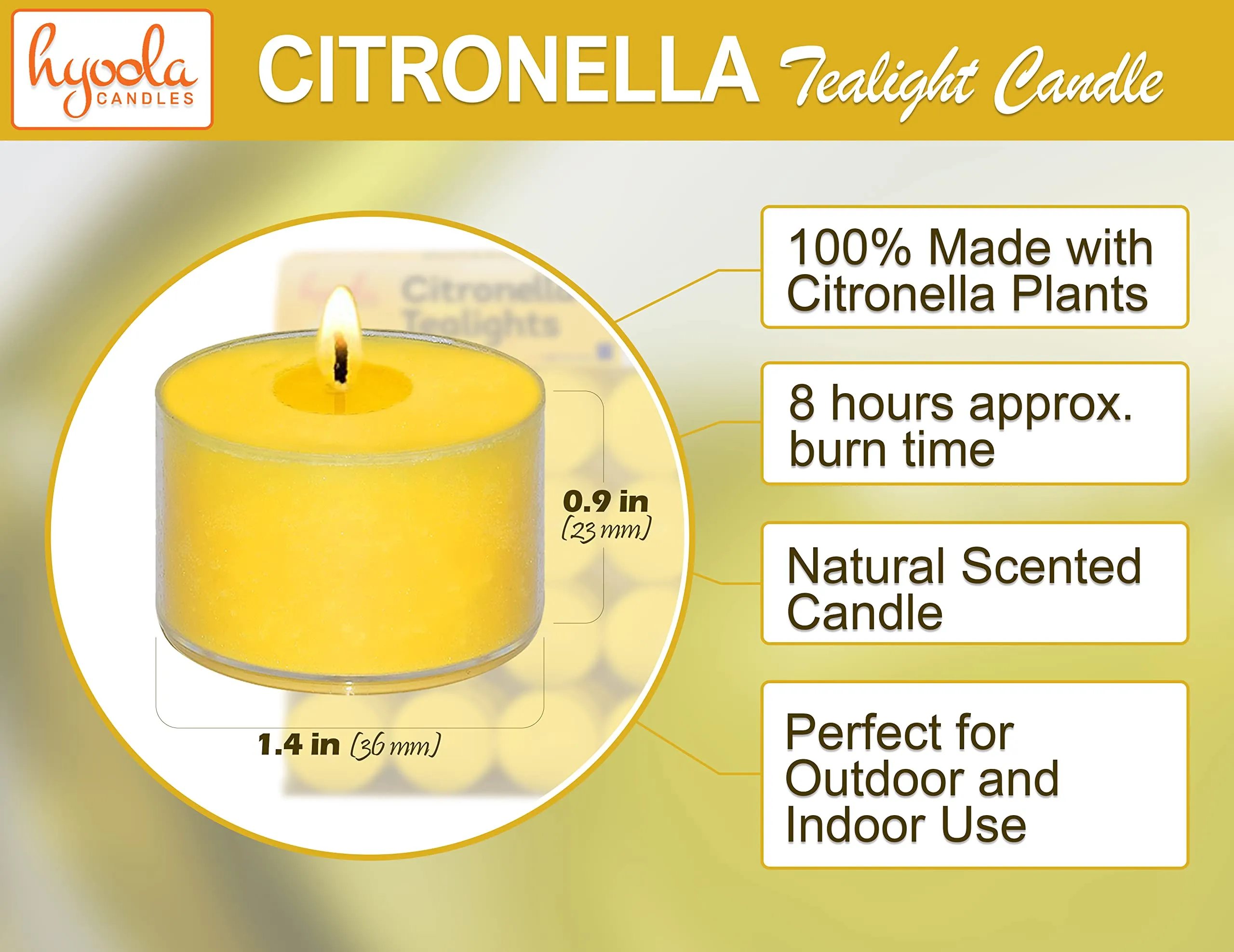 Hyoola Tealight Citronella Candles Outdoor - 8 Hour Burn Time - Indoor and Outdoor Mosquito, Insect and Bug Repellent Citronella Candle - Natural Fresh Scent ‚ Decorative in Clear Cup - 40 Pack