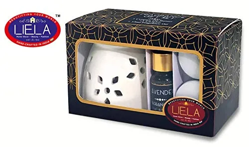 LIELA - Vaporizer Oil Burner and Aroma Diffuser set, with 3 T-Light and Pure Lavender 15 ml Fragrance Oil in Premium Brown Glass Bottle with Glass Dropper ( burner color can be red, white or green)