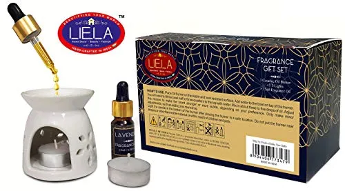 LIELA - Vaporizer Oil Burner and Aroma Diffuser set, with 3 T-Light and Pure Lavender 15 ml Fragrance Oil in Premium Brown Glass Bottle with Glass Dropper ( burner color can be red, white or green)