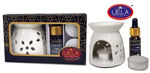 LIELA - Vaporizer Oil Burner and Aroma Diffuser set, with 3 T-Light and Pure Lavender 15 ml Fragrance Oil in Premium Brown Glass Bottle with Glass Dropper ( burner color can be red, white or green)