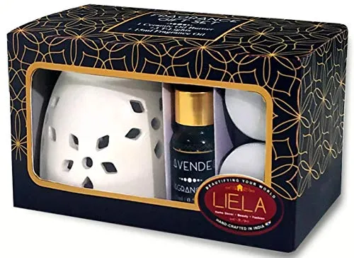 LIELA - Vaporizer Oil Burner and Aroma Diffuser set, with 3 T-Light and Pure Lavender 15 ml Fragrance Oil in Premium Brown Glass Bottle with Glass Dropper ( burner color can be red, white or green)