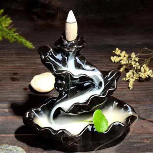 Retro Ceramic Incense Burner with 8 pcs Sandalwood Incense Cones Handmade Porcelain Lotus Pond Censer Incense Stickers Holder Q