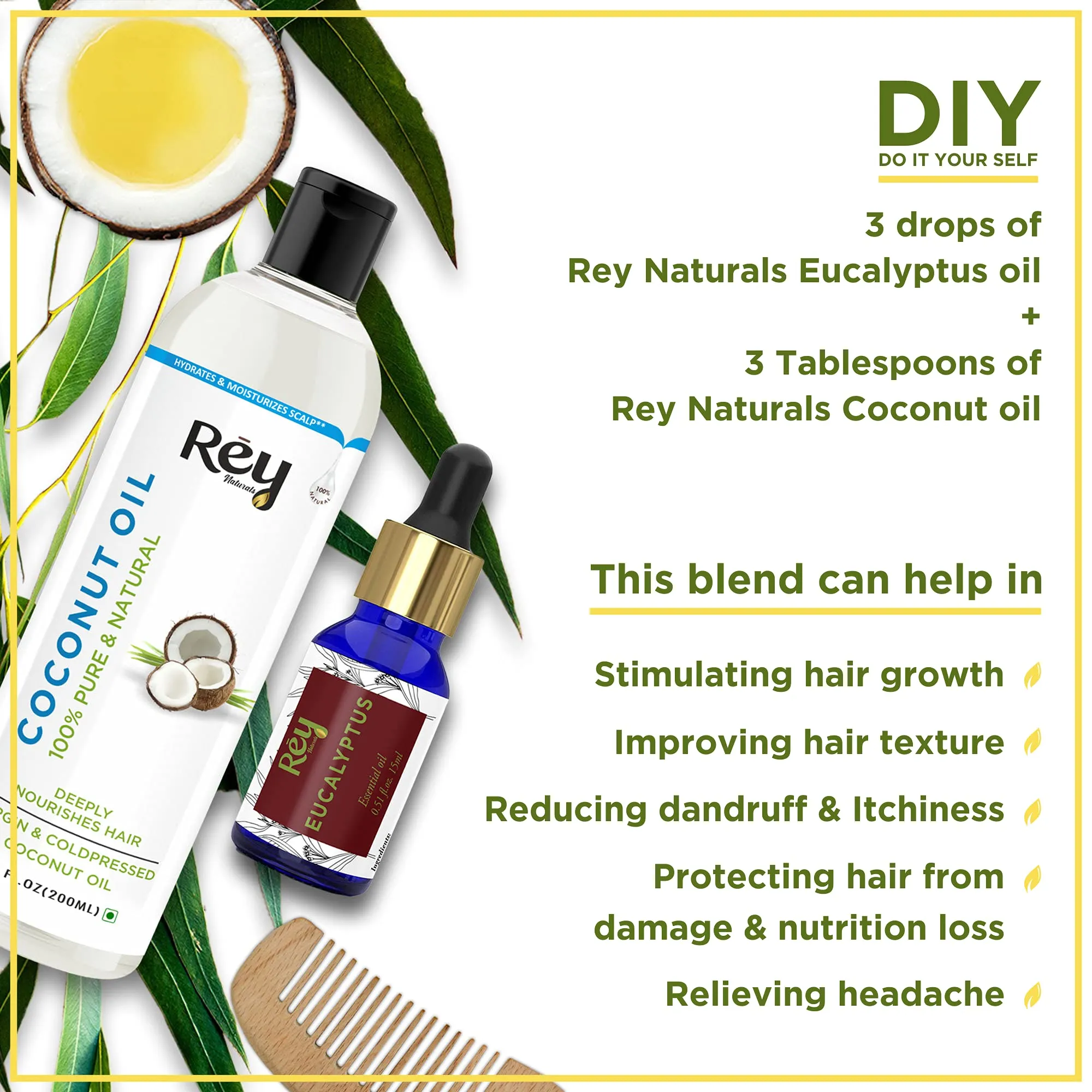 Rey Naturals Eucalyptus Oil - 100% Natural Essential Oil for Soothing Scalp, Reduces Dandruff, and Aromatherapy - 15ml