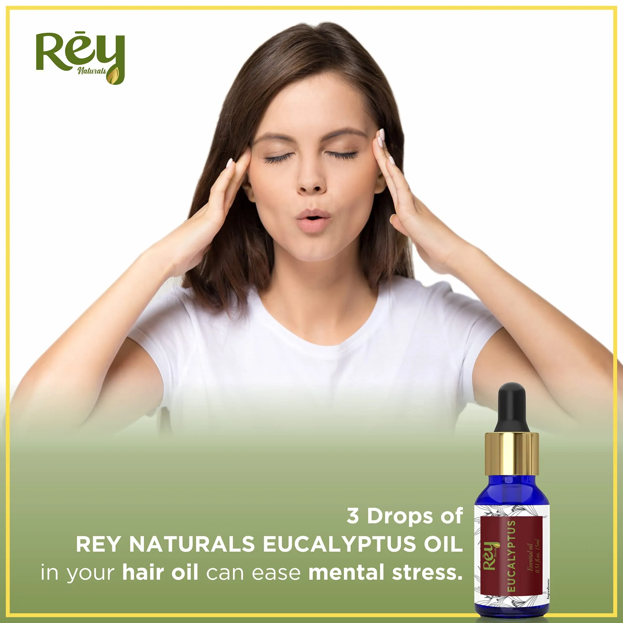 Rey Naturals Eucalyptus Oil - 100% Natural Essential Oil for Soothing Scalp, Reduces Dandruff, and Aromatherapy - 15ml
