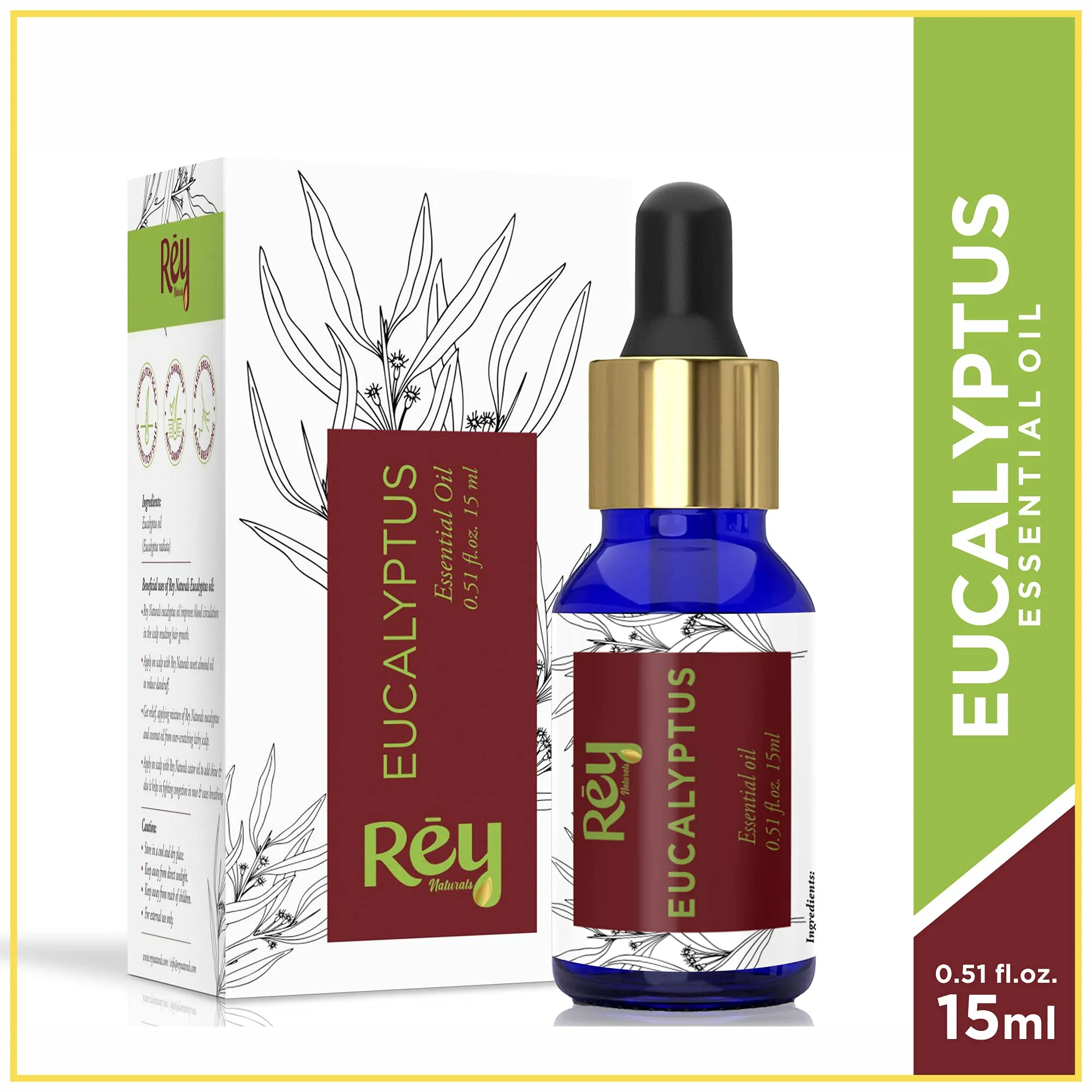 Rey Naturals Eucalyptus Oil - 100% Natural Essential Oil for Soothing Scalp, Reduces Dandruff, and Aromatherapy - 15ml