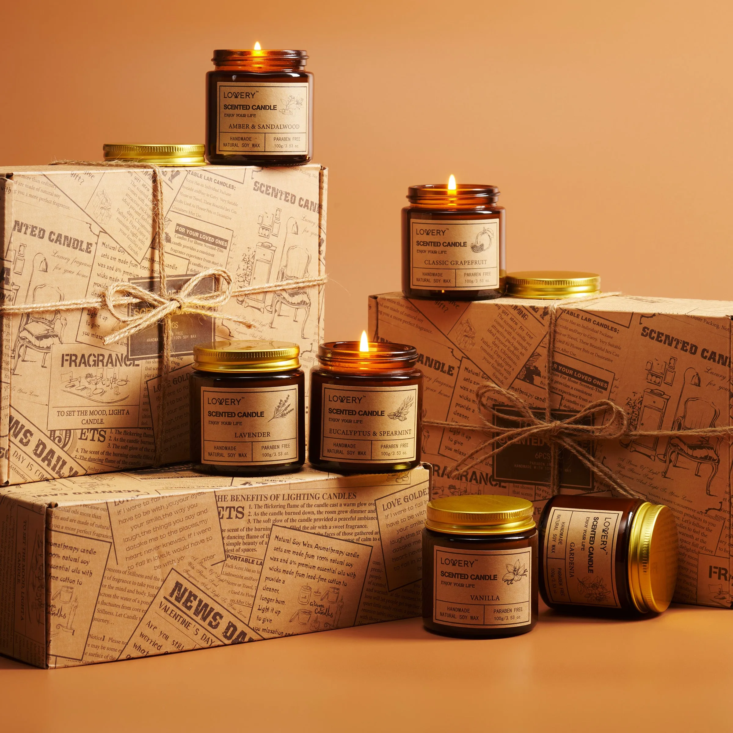 Scented Soy Candles - 6pc Amber Jar Long Lasting Candle Gifts
